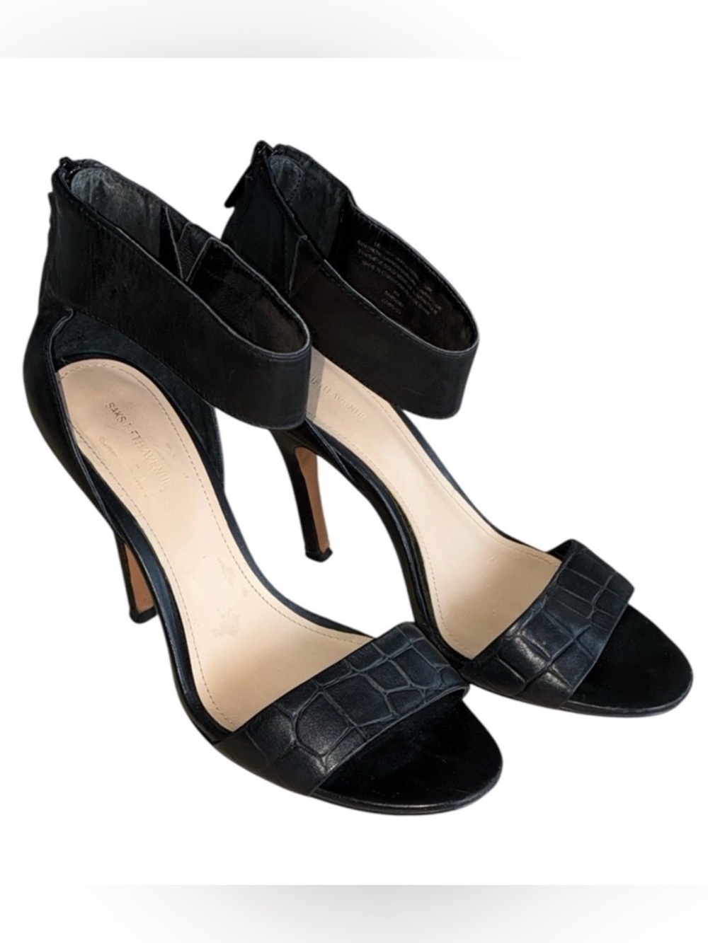 SAKS FIFTH AVENUE Sandals, 8, Black Leather, Ankle Strap, Back Zip, 4" Heel. EUC